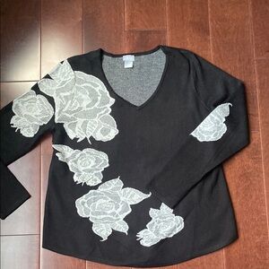Chico's Black V-Neck Sweater with Gray Floral Design